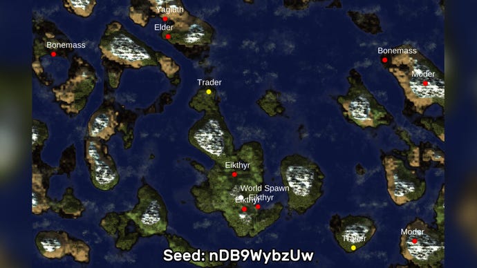 A screenshot of one of the best Valheim seeds we've found, using the Valheim World Generator tool. Seed: nDB9WybzUw